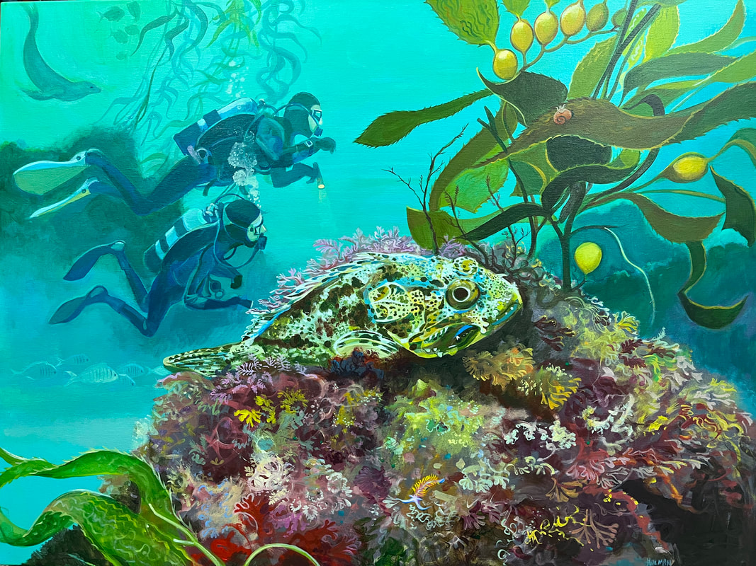 Father and Son - and scorpionfish. A painting by underwater artist, Stephen Holman 2023. 