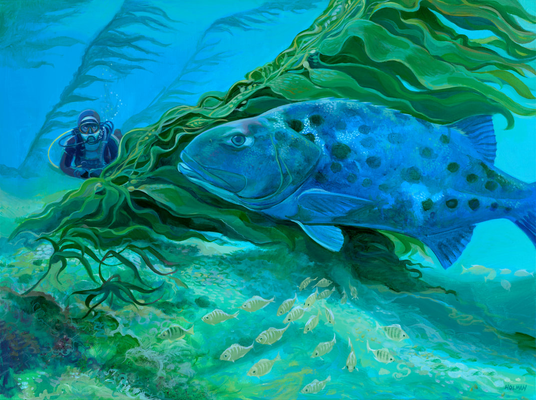 Giant Sea Bass Encounter. A painting by underwater artist, Stephen Holman 2023. 